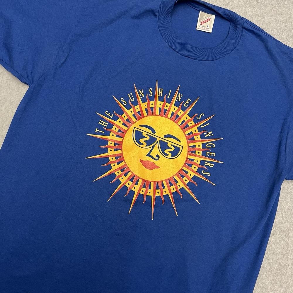Jerzees 50/50 Heavyweight T Shirt Men's Large Blue Graphic Sunshine Psychedelic